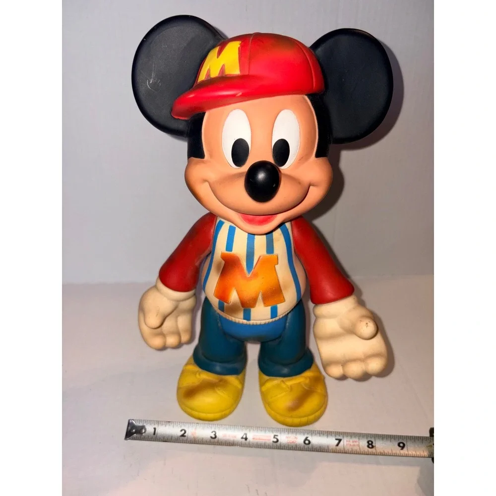 Vintage Disney Mickey Mouse 12 Inch Vinyl Figure Baseball‎ Outfit Red Cap M Logo